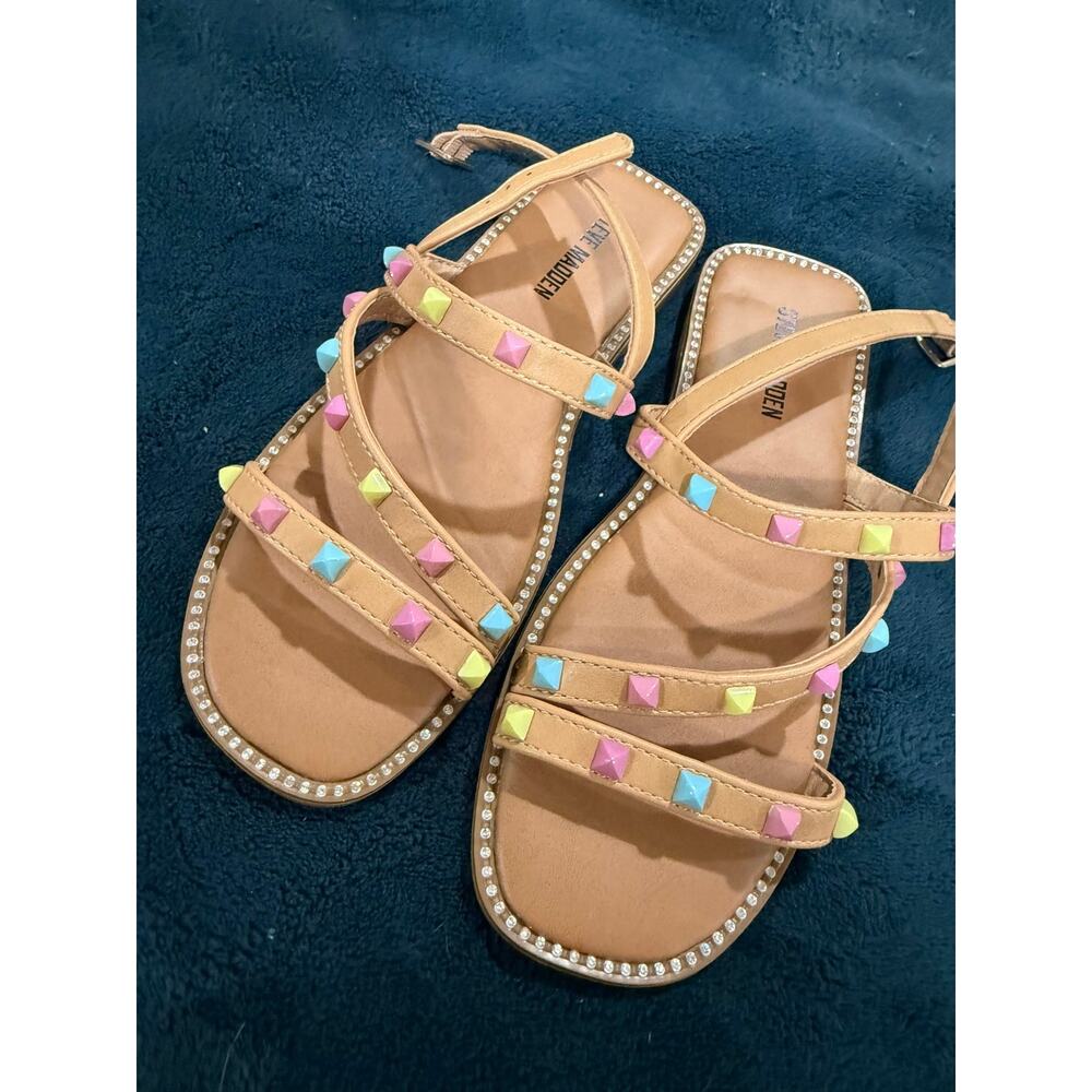 Size 1 Steve Madden Sandals Skill Studed Strappy Slingback Brown Faux Leather